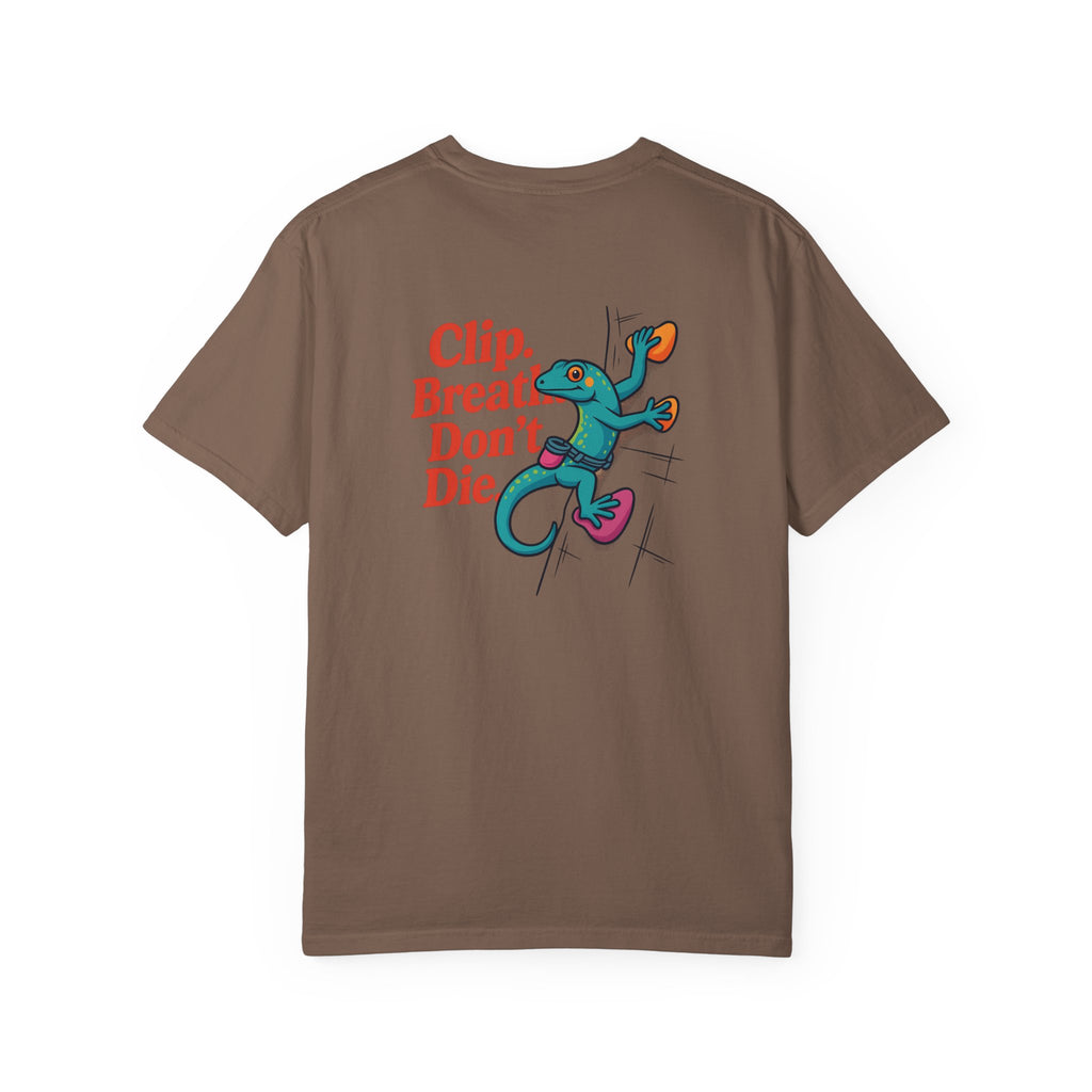 Clip, Breathe, Don’t Die T-Shirt — Rock Climbing Gecko Graphic Tee